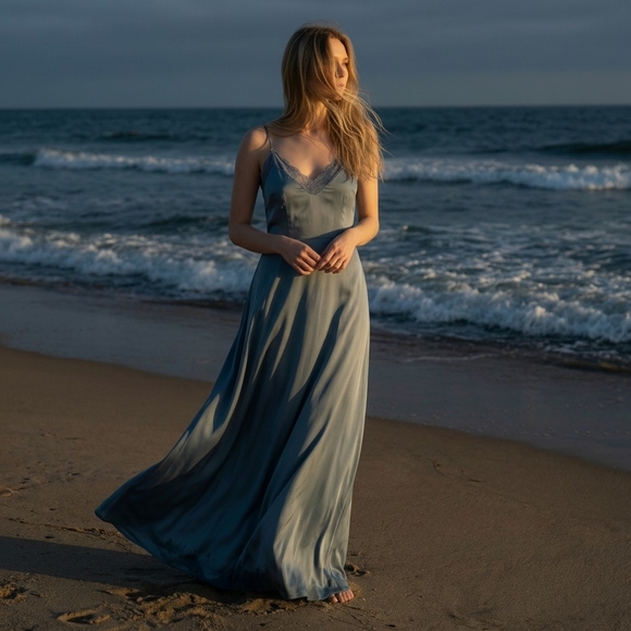 Leith Beautiful Light Blue Lace Trim Maxi Dress - Size XS - EUC - Picture 5 of 15